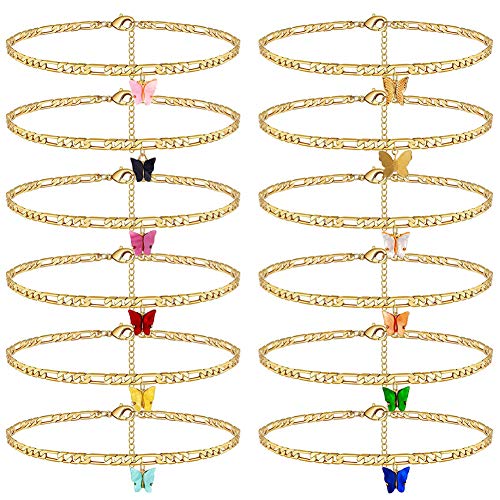 12 Pieces Anklets for Women Cute Charms Butterfly Acrylic Ankle Bracelets Colorful Chain Anklets Set Boho Beach Layered Chain Anklets for Girls Foot Jewelry
