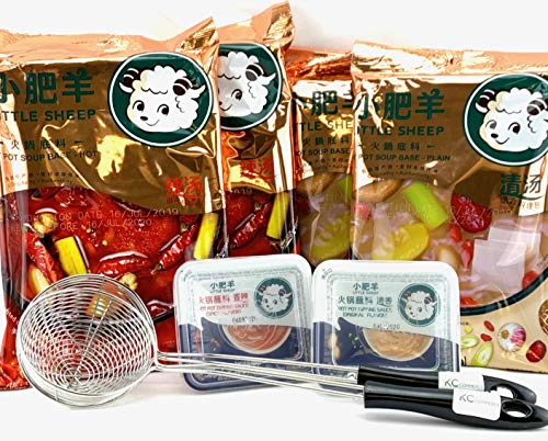 Little Sheep Hot Pot Soup Base With Dipping Sauce And 2 pcs Strianer ladleCombo Set (Clear Broth & Spicy Pack of 4)