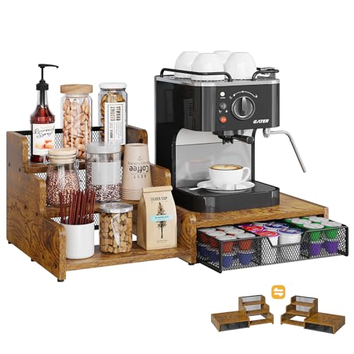 Bliesosfud Coffee Station Organizer with K Cup Holder, 28 Pod Capacity,3-Tier Syrup Rack with Coffee Pod Holder Drawer, Coffee Bar organizer Countertop for Accessories,Rustic Brown
