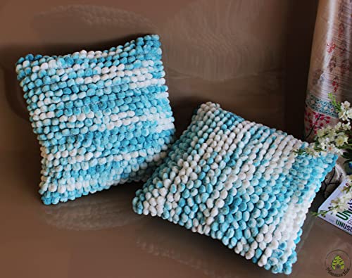 Image of Monstera Hut Boho POM POM Baby Blue Cushion Cover Pack of 2, (Cushion Cover 16x16inch) (40.6 x 40.6 cm)
