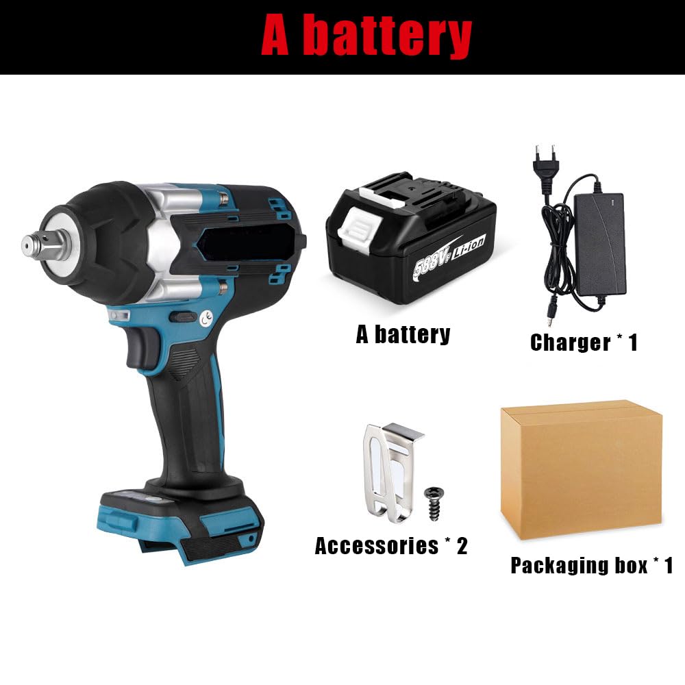 1800N.M Avvitatore a percussione a batteria, 1/2", compatibile con Makita 18 V, avvitatore a percussione multifunzione con luce LED, con 1 batteria, 7200 rpm, 5 velocità, per auto e casa