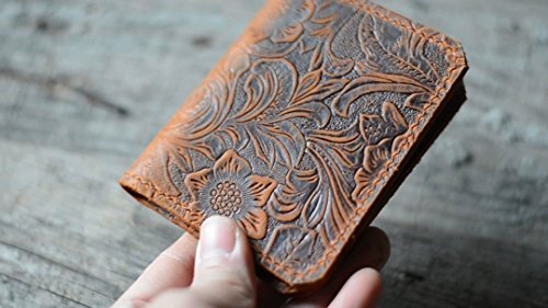 JJNUSA Handmade Distressed Men's Minimalist Leather Wallet Card Holder Wallets for Gifts Brown Flower style24