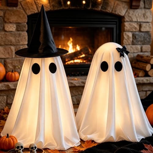Halloween Decorations Indoor, 2 Pack Light Up Ghost Couple | Witch hat and bow ghost duo with warm LED glow for mantels and tables. Requires 4 AA batteries (not included) - image 1