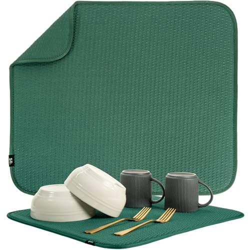 S&T INC. Dish Drying Mat, 16” x 18”, Absorbent Microfiber Kitchen Counter Mat, Drying Pad for Dishes, Utensils, Pots and Pans, Large, Diamond Texture, Emerald Green