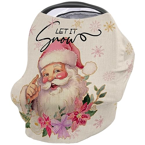 Nursing Cover for Breastfeeding Scarf, Merry Christmas Smiling Santa Claus Pink Flowers Baby Car Covers Super Soft Multi Use for Canopy Shopping Cart Cover Blanket Stroller Cover