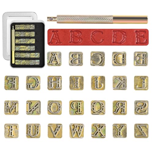 BESTNULE 27pcs Leather Stamps Leather Stamping Kit Leathercraft Stamping Tool Set 26PCS Capital Letter Leather Stamps 9.5mm + 1 Stamping Handle for Leather Craft