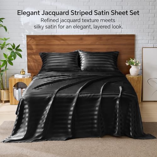 BEDELITE Jacquard Striped Satin Sheet Queen Size, Black, 4 Pieces - image 3