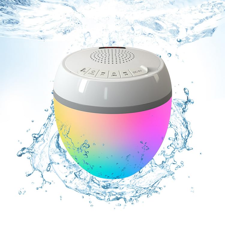 Schwimmender Bluetooth-Lautsprecher für Pool mit Thermometer und LED-Beleuchtung, IP68, 8 Lichtmodi, 360°-Stereo-Sound, TWS, Reichweite 25 m, Akku 2000 mAh