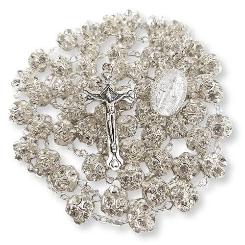 Nazareth Store Colorful Zirconia Crystal Beads Rosary Silver Catholic Necklace with Miraculous Medal Cross Crucifix Multicolor Rosaries in Velvet Bag (Clear)