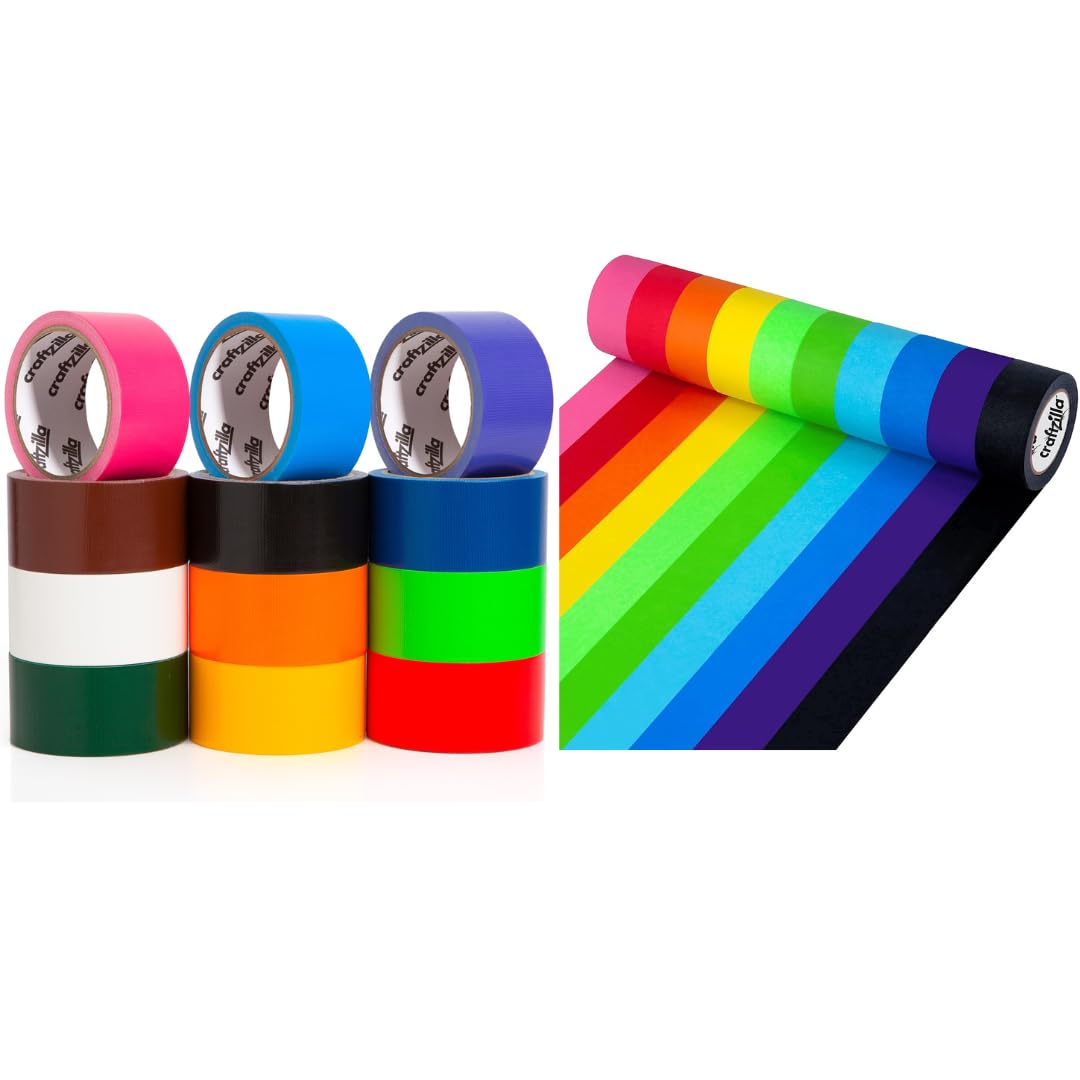 Colored Duct Tape 12 Pack and Masking Tape, 10 Pack Bundle