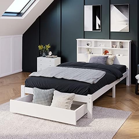 LTGB Single Bed Frame, White Wooden Storage Bed with Shelves and Underbed Drawer, Suitable for Adults Teens Kids, 90 x 190 cm - 3FT , Frame Only【UK Fast Shippment】 Cover