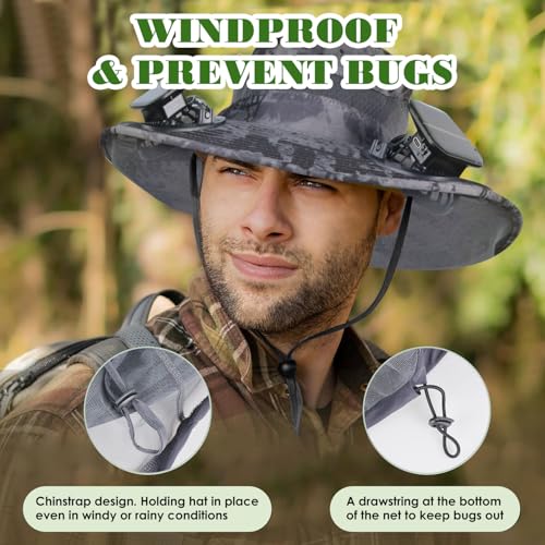 Sombrero con red para mosquitos con ventilador solar incorporado y ala ancha ajustable para hombre y mujer miniatura 7