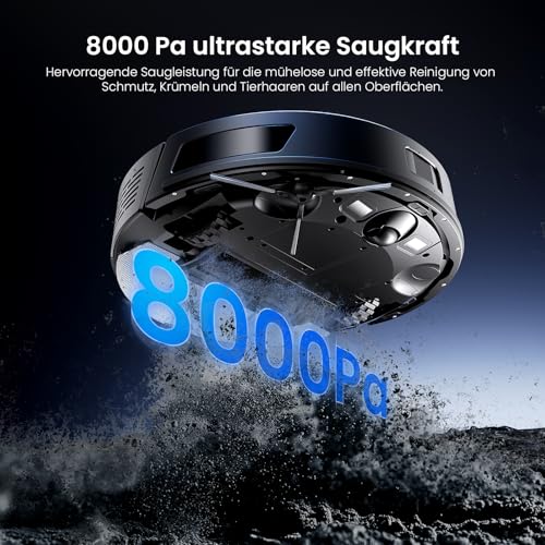 Proscenic Q8 Max Saugroboter mit Wischfunktion, 8000Pa 200min Staubsauger Roboter mit Absaugstation 3L Staubbeutel, Intelligentes Laser Navigation mit 5 Karten, Steuerung über APP Alexa Google Siri