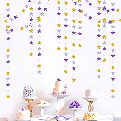 Image of Purple-Lavender White-Gold Party-Decorations Star Garland - 62ft Streamers Hanging Banner,Girl Birthday Wedding Twinkle Twinkle Little Star Baby Bridal Shower Graduation Decor Hugtmr