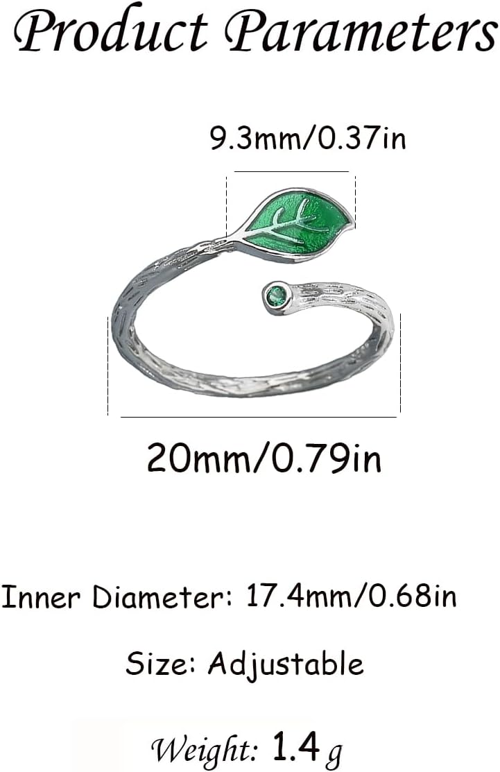 Enamel Green Leaf Branch Promise Ring for Women Silver Plated Engraved Leaves Stackable Open Band Finger Rings Adjustable Expandable Comfort Fit Minimalist Engagement Jewelry for Lover Wife - Image 6
