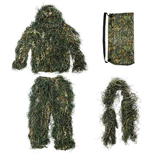 GUGULUZA Ghillie Suit for Men 3D Leaf Camouflage Hunting Clothes for Men with Jacket, Pants, Rifle Wrap Cover -Camo Hunting Clothing