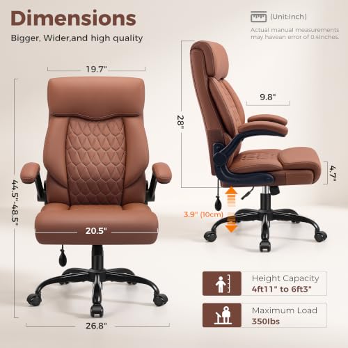 Image of Ergonomic Office Chair with Lumbar Support, Brown | Executive Leather Computer Desk Chair with Flip Up Arm & Rocking Function, High Back Comfortable Gaming Chair for Home Office