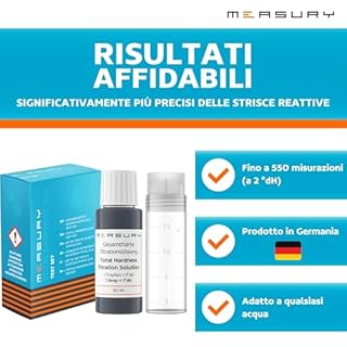 Measury Test Durezza Acqua, Misuratore Durezza Acqua Prodotto in Germania, Kit Durezza Acqua 30 ml Fino a 550 test, Durezza Acqua Tester