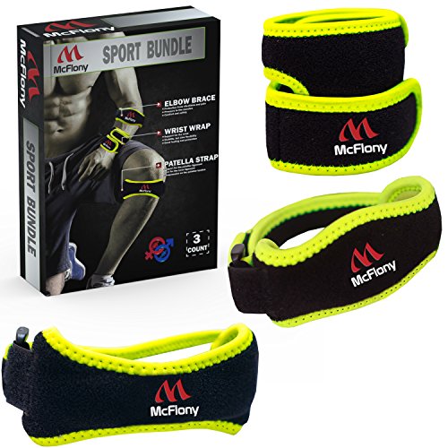 Tennis Elbow Brace & Patella Strap & Wrist Wrap by Mc Flony - Elbow Support, Knee Support & Pain Relief with Compression Pad for Tennis & Golfer's Elbow Black & Green, Unisex, Set of 3