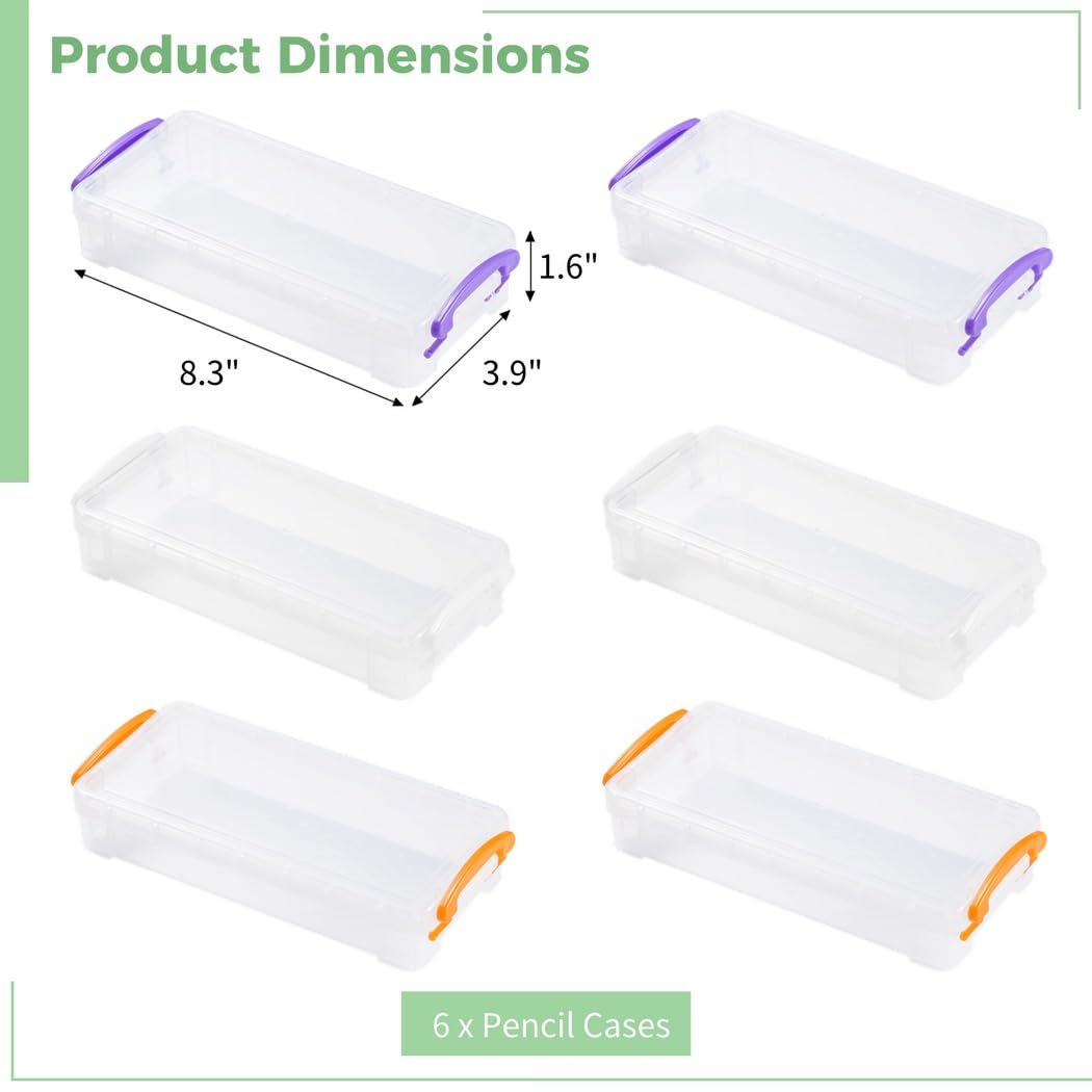 6er-Pack große Stifteboxen, transparente Kunststoff-Stiftebox, stapelbare Stiftebox mit Schnappdeckel, Aufbewahrungsbox für Gelstifte, Radierer, Klebeband, Bleistifte, Marker