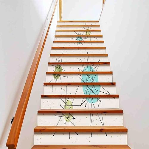 JOHIZUTA Juego de 13 calcomanías de escalera icónicas de mediados de siglo diseño geométrico moderno calcomanías decorativas de escalera para