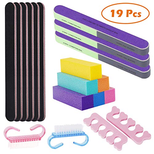 Codream 19 Pcs Nail Files and Buffer Professional Nail Tools, 6pcs Nail Buffer Blocks 6pcs 100/180 Grit Nail Files 3pcs 7-steps Buffer Blocks 2 Nail Scrubbing Brush and 2 toe separator