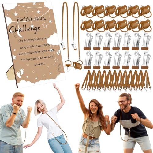 Geelin 12 Sets Swing Pacifier Baby Shower Games Funny Gender Reveal Games Include 1 Wooden Sign and 12 Plastic Pacifiers for Bridal Baby Shower Gender Reveal Party Women Men(Star Brown)