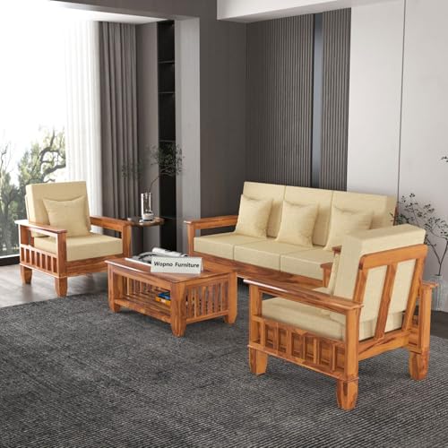 Image of Sheesham Wooden 5 Seater Sofa Set for Living Room | Rosewood Cushion Sofa with Side Newspaper Holder for Home & Office | Solid Wood Sofa Set for Lounge (Honey, 3+1+1 Seater)