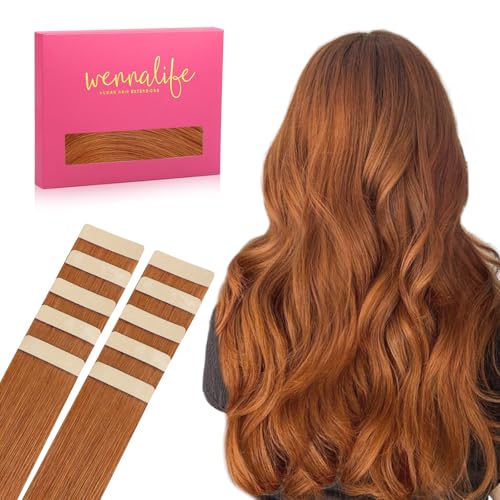 Image of WENNALIFE Tape in Hair Extensions Human Hair Dirty Ginger 10pcs 25g 16 inch Remy Invisible Tape Ins Straight Colored Soft Real Human Hair Tape in Extensions Refill Set Extensions