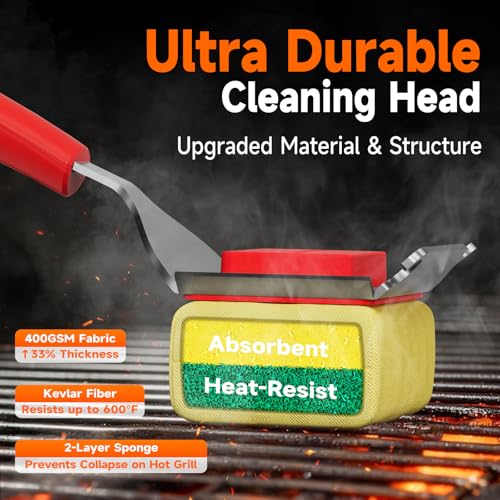 Image of Bristle-Free Grill Brush Head, Heat-Resistant Kevlar Fiber Head, Red Head | Steam Cleaning, Replaceable No-Wire Head, 17 inch Handle, 4-in-1 Scraper, for Porcelain /Ceramic /Stainless Steel /Cast Iron Grate