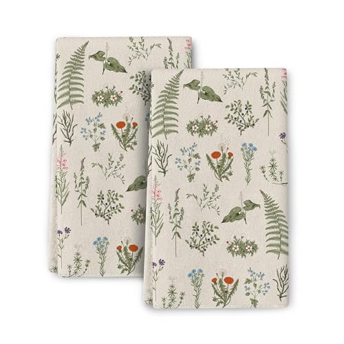 Wovoto Vintage Floral Kitchen Towels Decorative Set of 2 Sage Green Herbs and Wildflowers Dish Towels Cute Botanic Absorbent Hand & Tea Towel for Kitchen Farmhouse Spring Summer Decor 16'x24'
