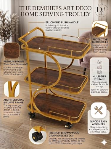 Image of Serving Trolley with Wheels for Home, Tea Food Drinks Serving Kitchen Trolley Restaurant, Hotels,Dining Room bar cart with Wheels (Gold-Brown)