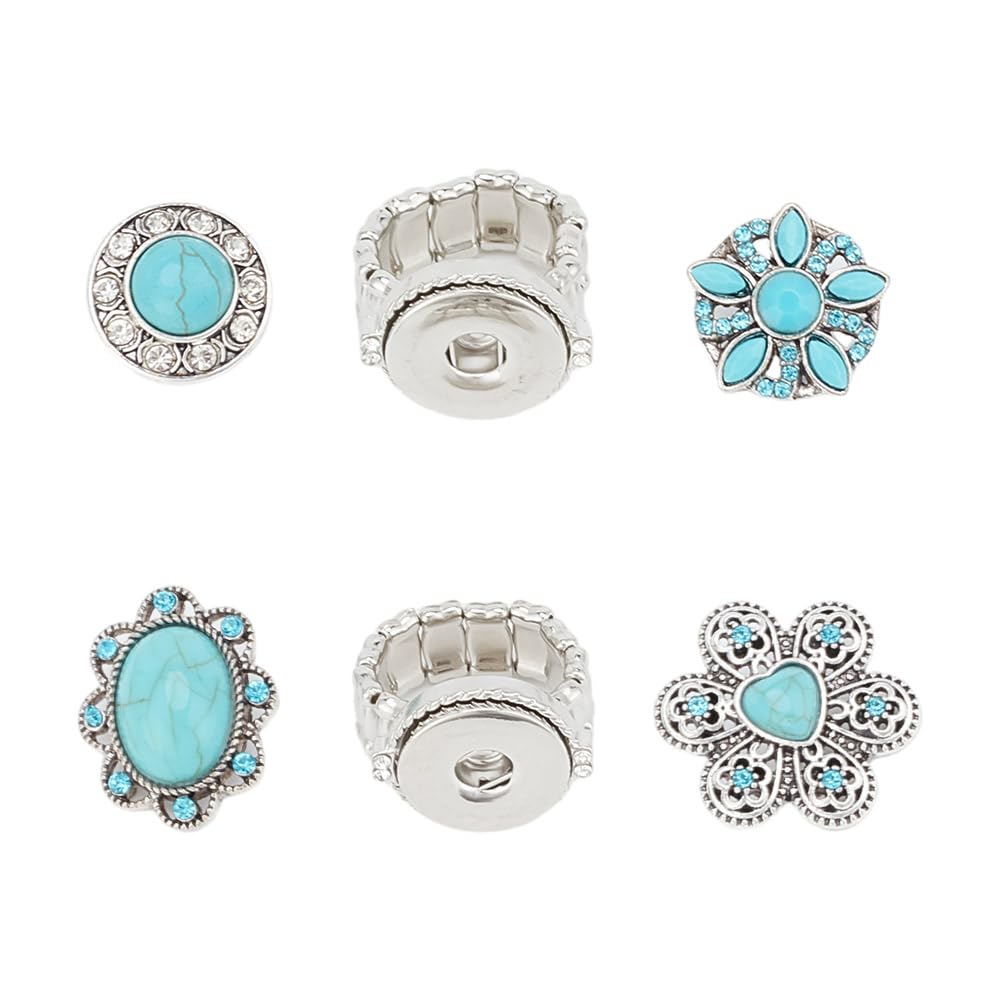 DELORIGIN 2pcs Jewelry Ring with 4pcs Turquoise Snap Button Set Shiny Rhinestone Snaps Jewelry Charms Tibetan Style Gemstone Adjustable Snap Fastener for DIY Crafts Ring Brooch Snap Jewelry Making