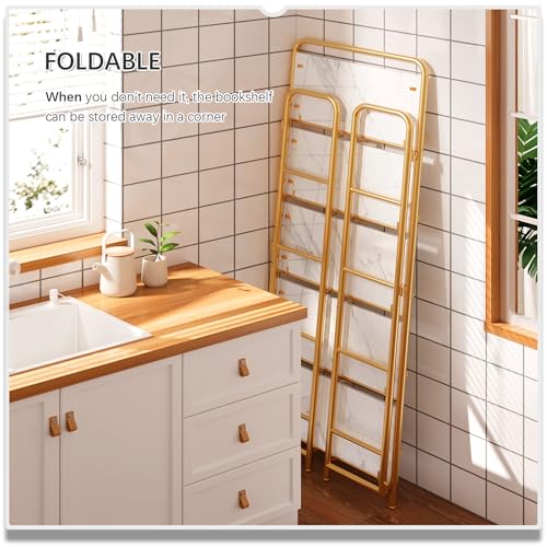 Image of 4NM No Assembly Folding Bookshelf, 5 Tiers Collapsible Book Shelves Open Industrial Foldable Storage Bookcase Shelf for Bedroom, Living Room, Home Office - White and Gold