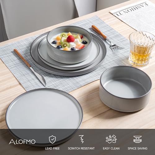 Image of Dinnerware Sets for 4, 12 pcs Reactive Glaze Plates and Bowls Sets, Gary | Large Size Modern Stoneware Dishes, Chip & Scratch Resistant, Dishwasher and Microwave Safe Tableware, Glossy
