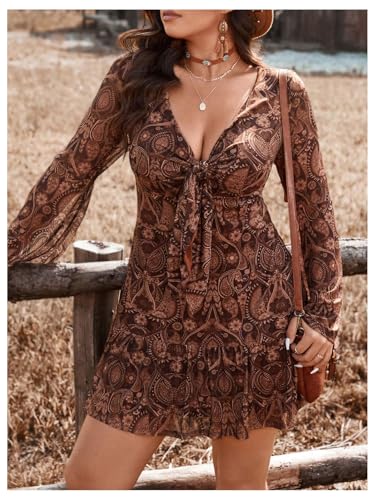 Verdusa Women's Plus Size Paisley Print Tie Short Dress Boho Bell Sleeve V Neck Ruffle Dresses4