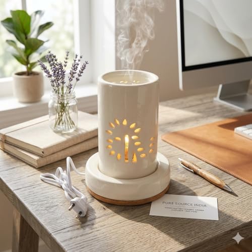 Image of Pure Source India Handcrafted 8.5 inch Ivory White Ceramic Electric Diffuser, Aroma Oil Diffuser, Oil Burner for use in Homes, Offices, Yoga Centre, Spa as Well as Outdoors