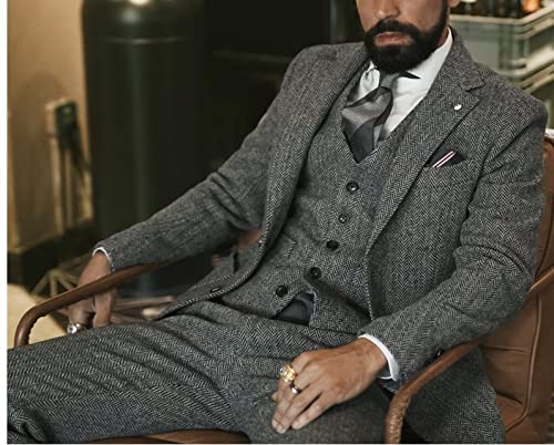 Mens Tweed Suit 3 Piece Slim Fit Vintage Peak Laper Blazer Single Breasted Vest Pants Prom Suits for Men3