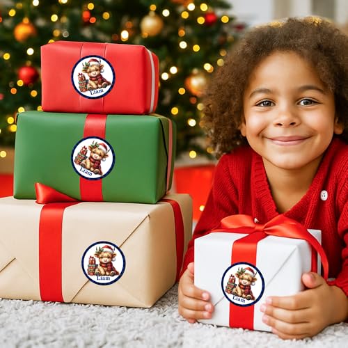 Image of Personalized Christmas Stickers - Custom Name Waterproof Christmas Gift Tags for Gift Box Xmas Holiday Decorations Party Favors - 30 Stickers (Cow)