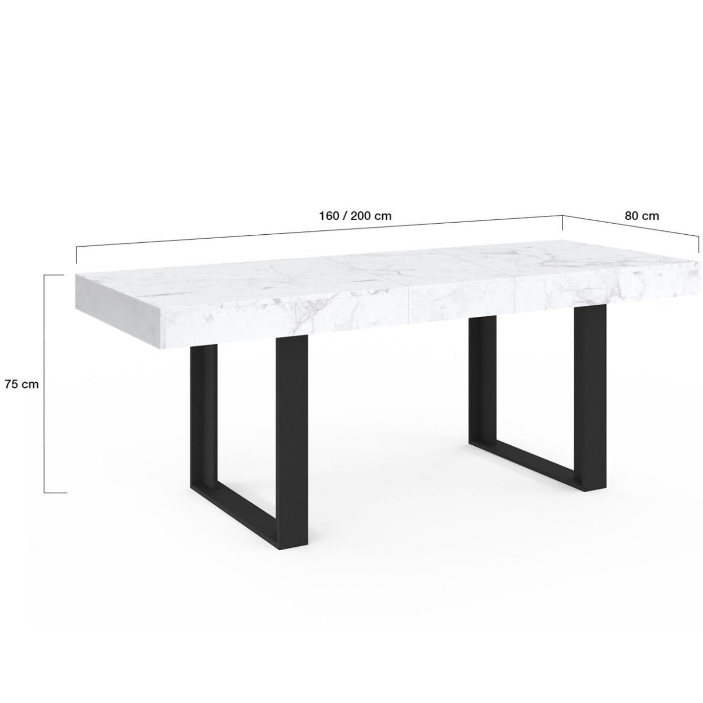 IDMarket Phoenix - Mesa de comedor extensible rectangular para 4-8 personas, bandeja de efecto mármol, blanco Alaska 160-200 cm