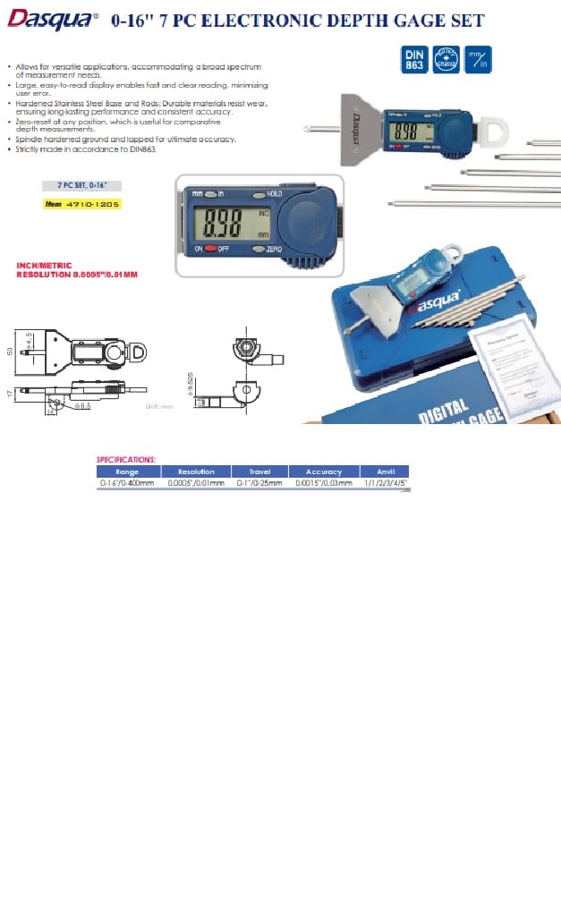 Dasqua 4710-1205 - Set di 7 misuratori di profondità elettronici, 0-16"