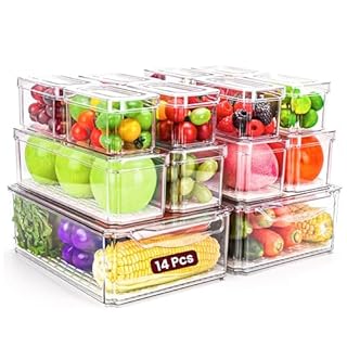 Fridge Organizer, Stackable Refrigerator Organizer Bin with lids, Clear Plastic Pantry Organizer Bins, Freezer Organizers Kitchen Storage and Organization for Fruits, Vegetable (14pack)