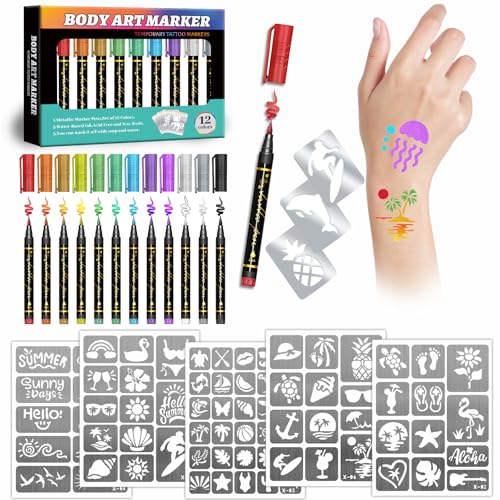 Temporary Tattoo Markers for Kids and Adults, 12 Metallic Markers and 150 Tattoo Stencil Designs, Cosmetic Tattoos Pens for Party Favor Gift and Face Painting