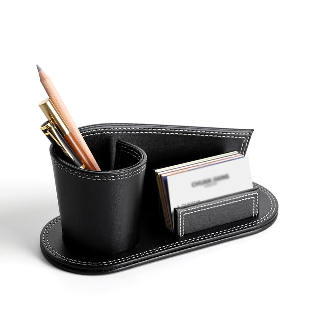 Office supplies leather pen holder with business card storage stand creative multifunctional leather stationery storage box