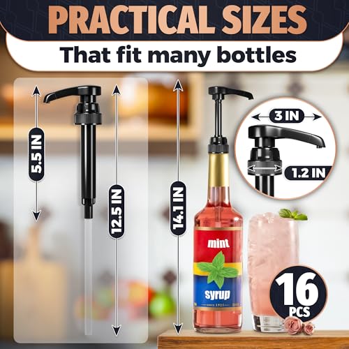 Image of Set of 16 Black Coffee Syrup Pumps - 12.4 Inches Vanilla Syrup Dispenser for Skinny Bottles, Adjustable Length and Lockable Design, Good for Home and Commercial Use, Easy to Use and Clean