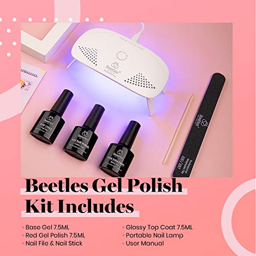 Image of Beetles Red Gel Nail Polish Kit with UV LED Light and Base Top Coat Starter Kit Soak Off Red Gel Polish Set with Lamp Nail File for DIY at Home Manicure Gifts for Women