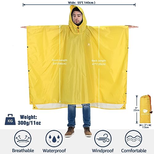 Anyoo Waterproof Rain Poncho Lightweight Reusable Hiking Rain Coat Jacket with Hood for Outdoor Activities,Yellow,One Size