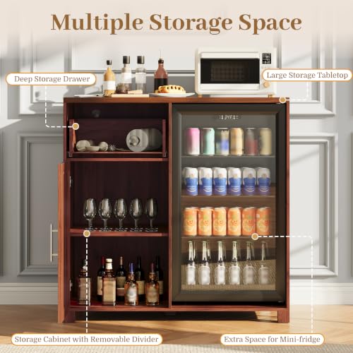 Image of 38.6 inch Long Fluted Mini Fridge Cabinet with Power Outlet & Drawer, Walnut