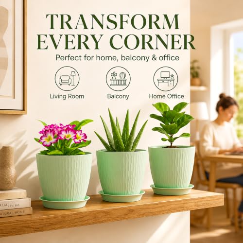 Image of SWAPKART (Pack of 5 6 Inch Plastic Flower Pots for Indoor & Outdoor Terrace,Garden Plants Decorative Planters with Drainage Holes & Matching Saucers Durable & Lightweight (Green)