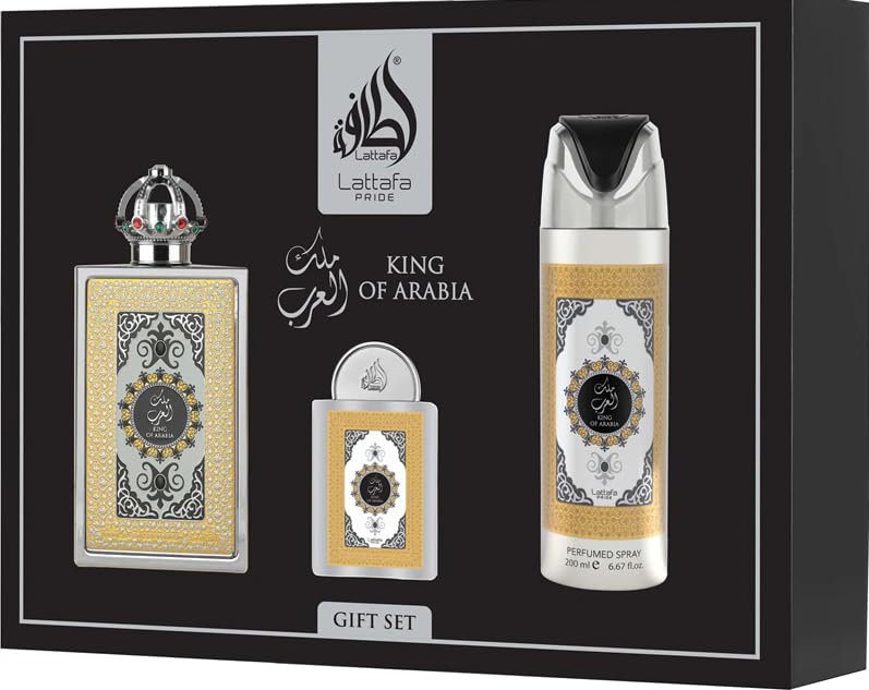 La ttafa King of Arabia - Set regalo, profumo arabo da uomo, durevole, include profumo EDP 100 ml + mini profumo 20 ml + deodorante 200 ml + atomizzatore fragranza legnosa dolce (King of Arabia Gift)